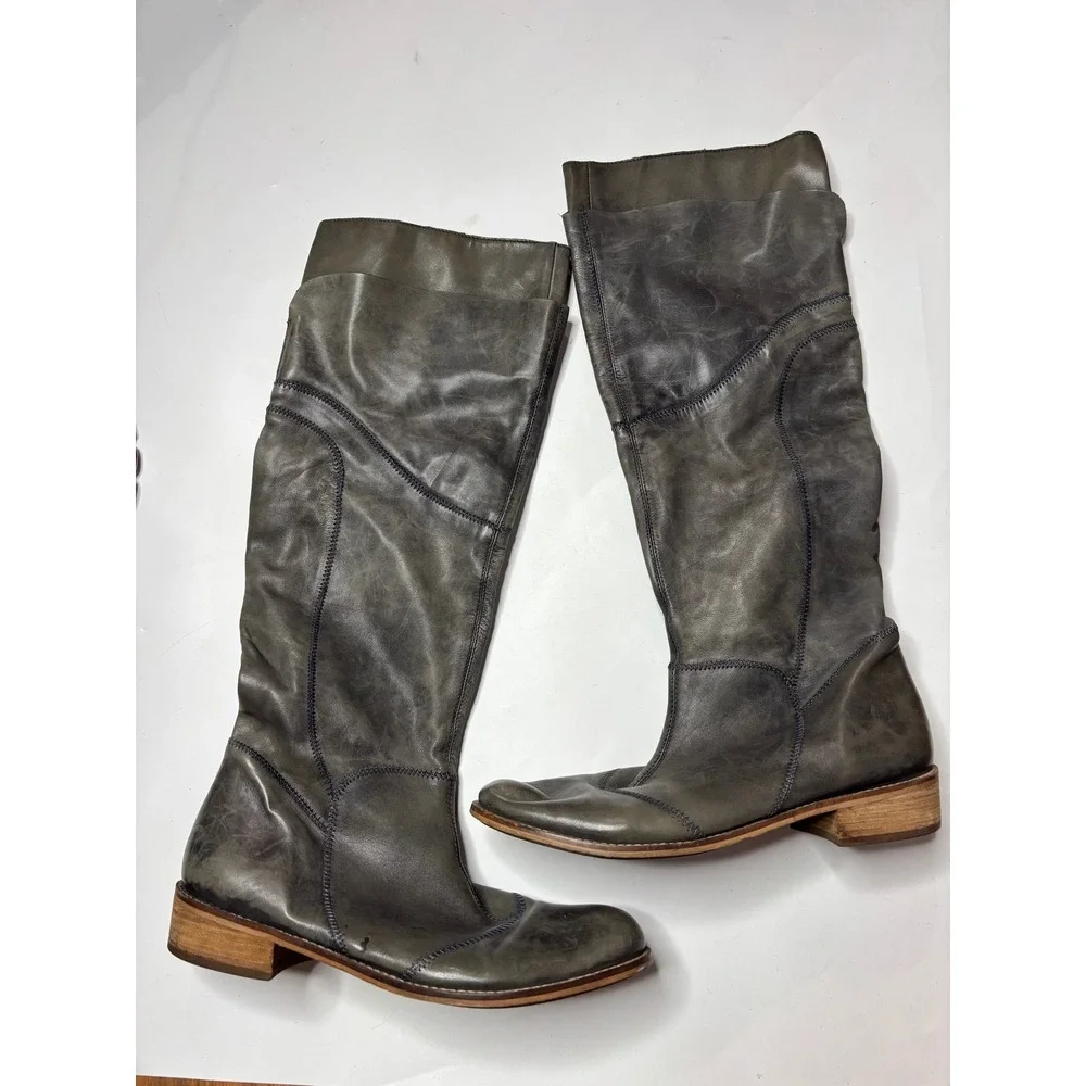 VTG Dusty Blue Leather Tall Patchwork Boots Hippie Boho Festival Women 9 EU 40
